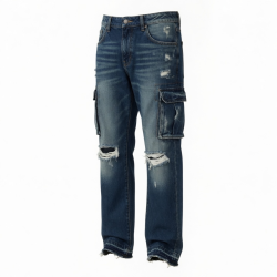 Distressed Wash Ripped Stacked Jeans Men Straight Leg Pants Men's Cargo Denim Pants 5