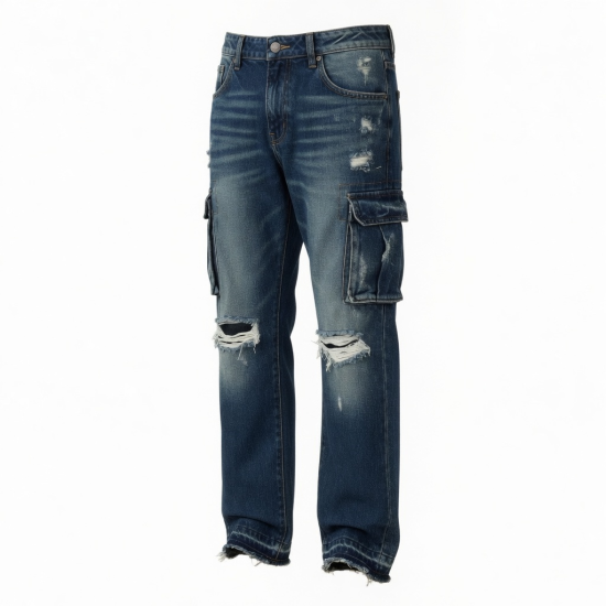 Distressed Wash Ripped Stacked Jeans Men Straight Leg Pants Men's Cargo Denim Pants 5