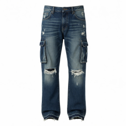 Distressed Wash Ripped Stacked Jeans Men Straight Leg Pants Men's Cargo Denim Pants 5