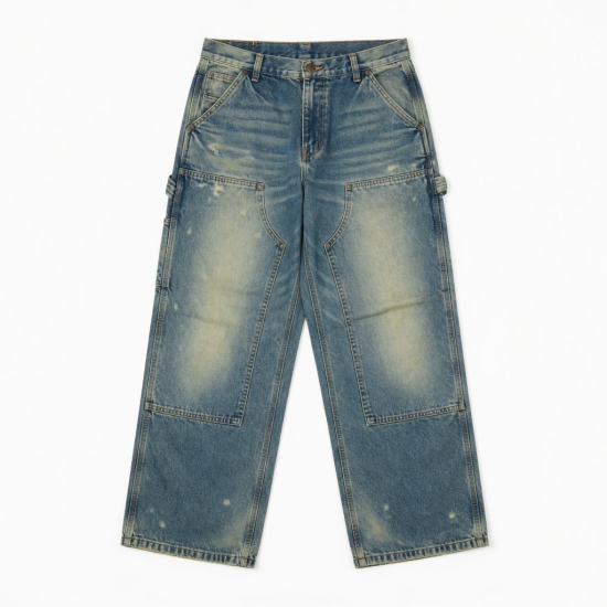 Manufacture Carpenter Pant Acid Washed Vintage Double Knee Baggy Ized Jeans Wide Leg Pants