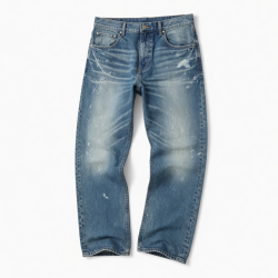 Men Vintage Snow Wash Curved Leg Pants Distressed Loose Fit Straight Leg Wide Casual