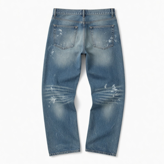 Men Vintage Snow Wash Curved Leg Pants Distressed Loose Fit Straight Leg Wide Casual