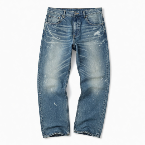 Men Vintage Snow Wash Curved Leg Pants Distressed Loose Fit Straight Leg Wide Casual