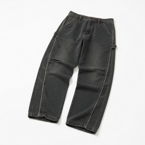 Trendy Men's Retro Sweatpants 380g Cotton Loose Distressed Pants with Personality Stitching