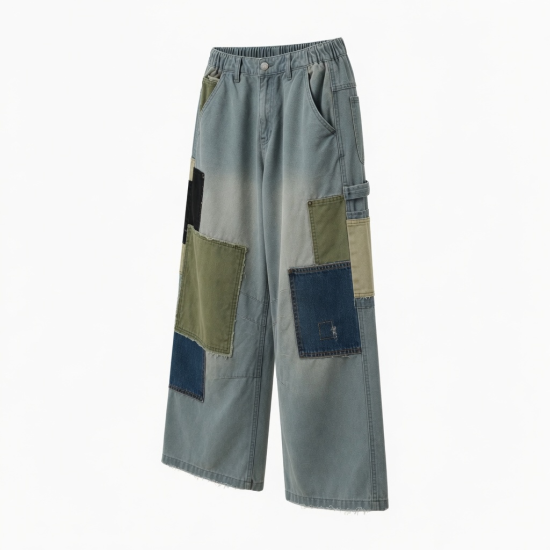 Streetwear Men's Elastic Waist Canvas Wide Leg Jeans Patchwork Baggy Denim Pants Ized