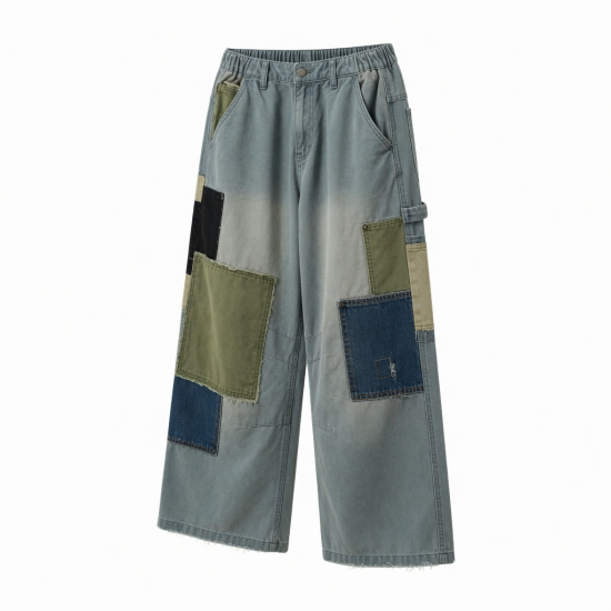 Streetwear Men's Elastic Waist Canvas Wide Leg Jeans Patchwork Baggy Denim Pants Ized