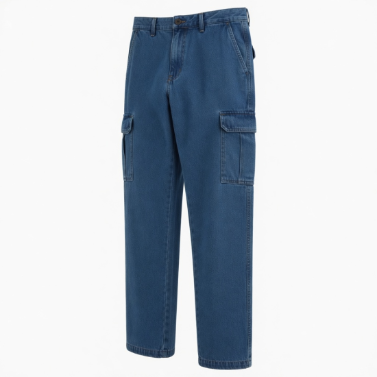 Men's Breathable Regular Fit Mid Waist Woolen Cargo Style Denim Pants