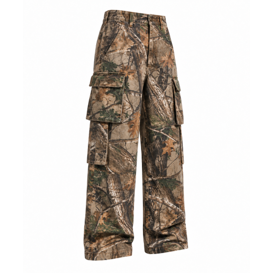 Cotton Hunting Stacked Letter Embroidery Patch Wide Leg Work Pants Camouflage Multi Pockets